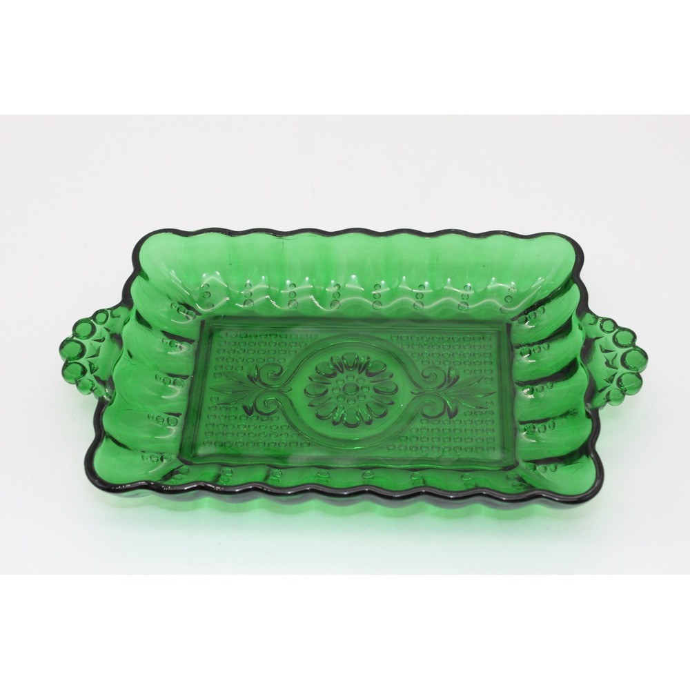Vtg MCM Anchor Hocking Forest Green Glass Relish Dish Depression Glass